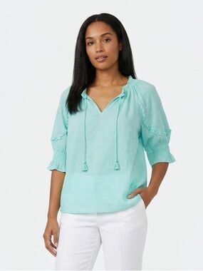 nordstrom DANIEL RAINN pintucked sleeve linen top crochet tassels ruffle details